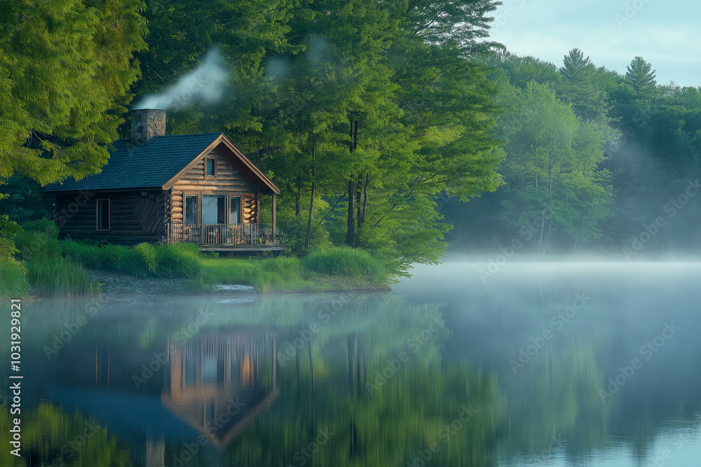 Fototapeta premium A cabin is surrounded by trees and a lake