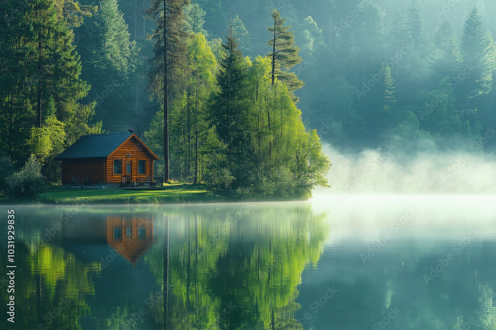 Fototapeta premium A cabin is sitting on a lake with trees in the background