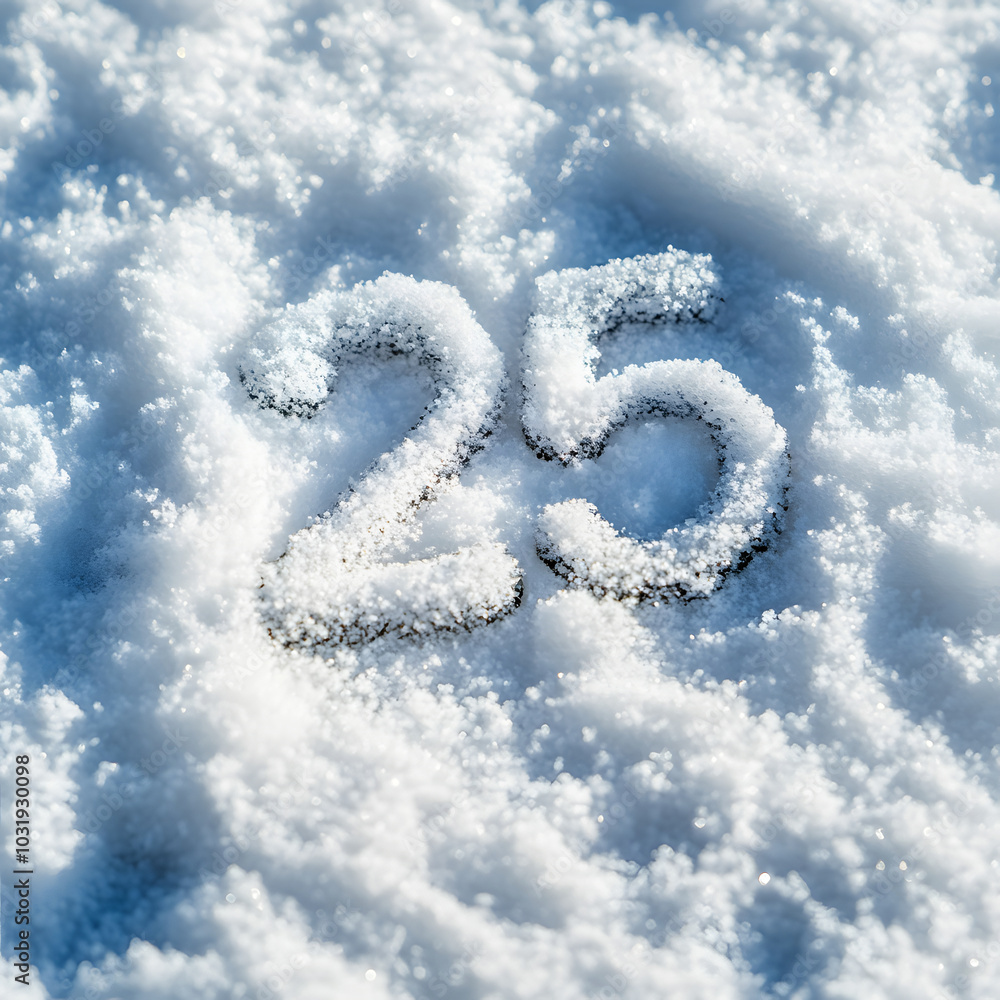 Top view on 2025 hand written on the snow. Winter landscape greeting card. Top view on 2025 hand written on the snow. Winter landscape greeting card.