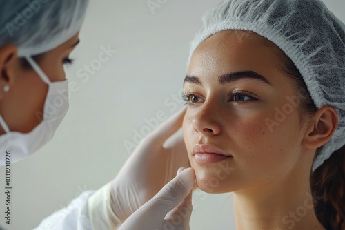Wallpaper Mural Plastic surgery and beauty concept. Profile shot of woman consulting before rhinoplasty operation, surgeon touching woman nose, white background, side, Generative AI Torontodigital.ca