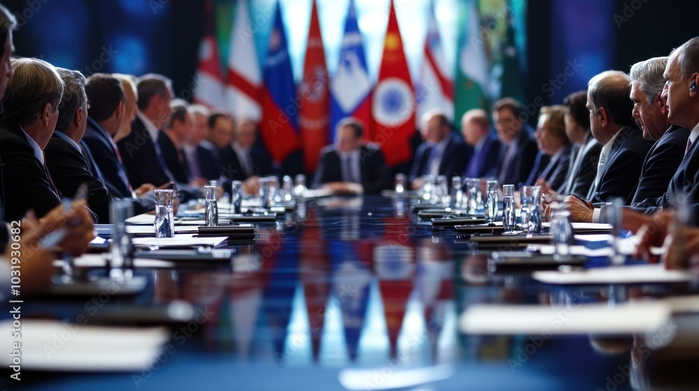 Obraz premium A global business meeting where CEOs of multinational companies discuss corporate strategies and their impact on global trade relations