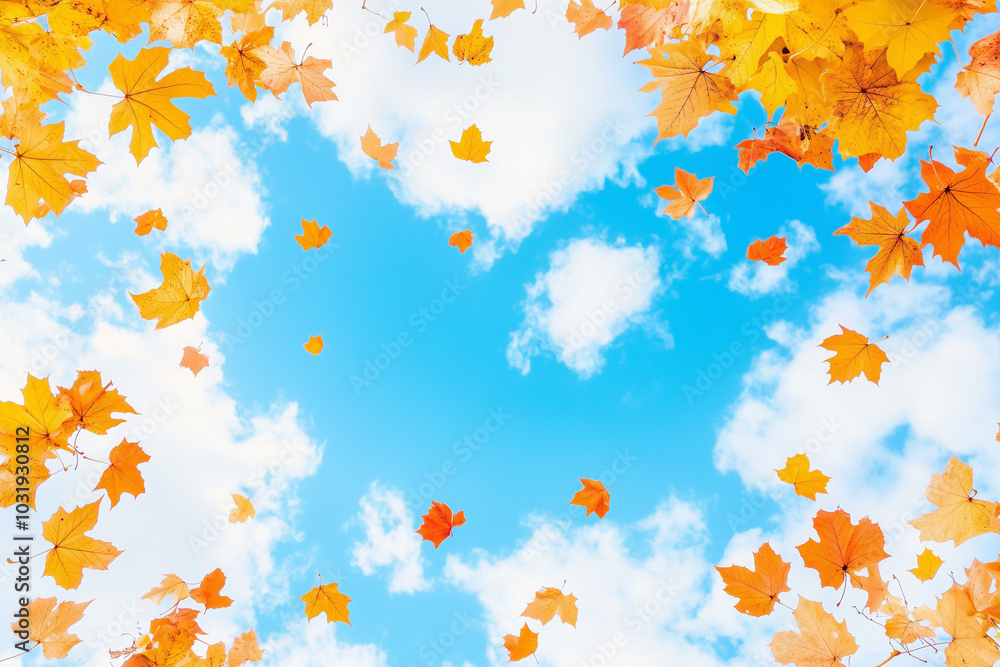 青空と紅葉, 風に舞う落ち葉, 秋の風景 青空と紅葉, 風に舞う落ち葉, 秋の風景