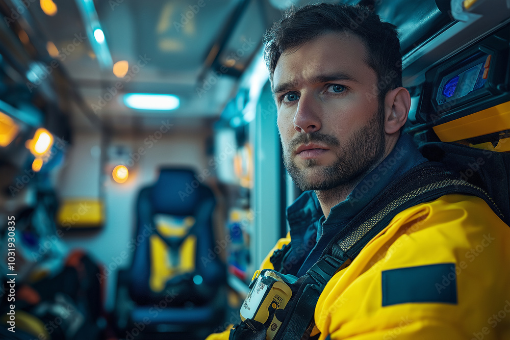 A man in a yellow jacket is sitting in an ambulance A man in a yellow jacket is sitting in an ambulance