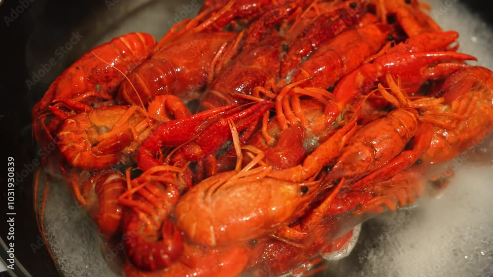 Crayfish Frying in Pan, Preparing Delicious Delicacy for Enjoyable Meal at Home. Close-up of summer gourmet crawfish. River crayfish are boiling in wok Crayfish Frying in Pan, Preparing Delicious Delicacy for Enjoyable Meal at Home. Close-up of summer gourmet crawfish. River crayfish are boiling in wok
