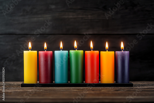 Colorful candles with glowing flames on wood