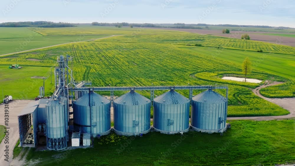 Aerial view with modern grain storage and drying tanks. Modern silos. Green agricultural land. Aerial view with modern grain storage and drying tanks. Modern silos. Green agricultural land.