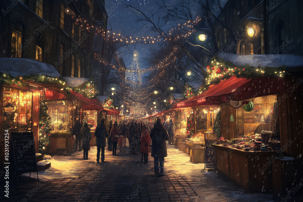 A busy street with people walking and a Christmas tree in the background A busy street with people walking and a Christmas tree in the background
