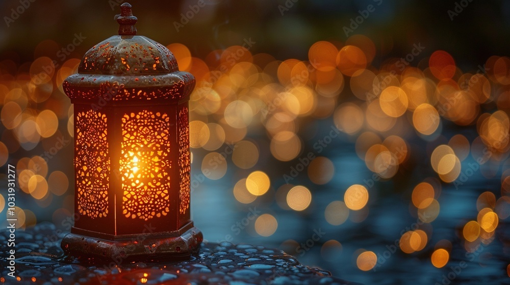 A decorative lantern glowing amidst blurred warm lights, creating a cozy atmosphere. A decorative lantern glowing amidst blurred warm lights, creating a cozy atmosphere.
