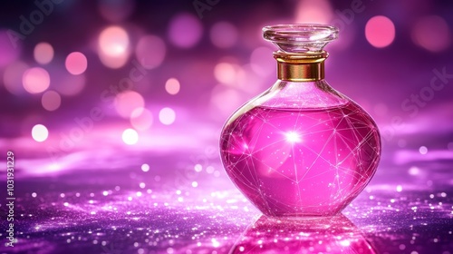 Glowing Potion, Love Elixir in Glass Bottle on Abstract Background with Sparkles, Banner Design