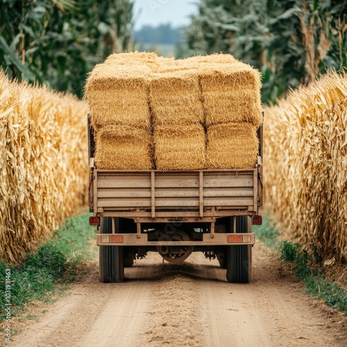 Hay bales being transported through a cornfield path photo