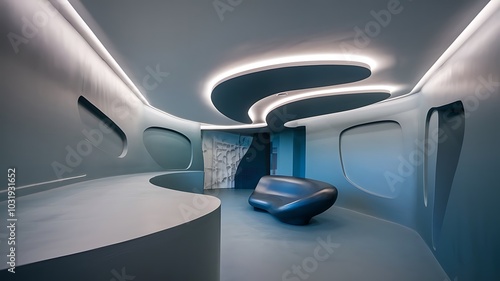 Innovative interior design with curved walls and modern seating in a calming blue environment 