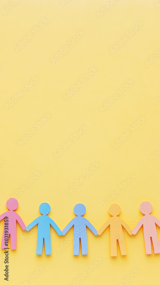 Teamwork and helping concept with paper chain cutout people holding hands on pastel yellow background. Generative AI Teamwork and helping concept with paper chain cutout people holding hands on pastel yellow background. Generative AI