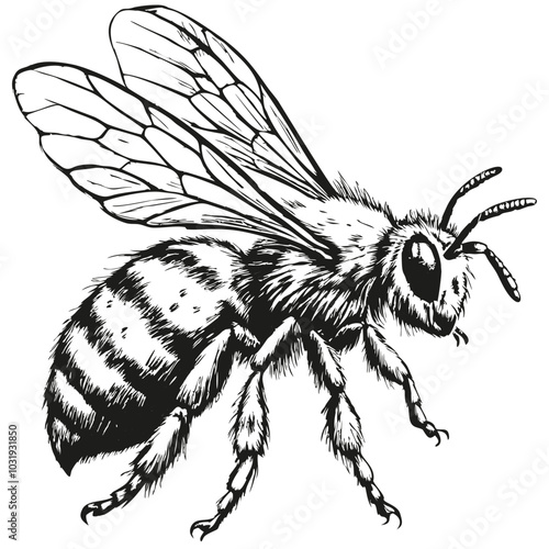 A black and white drawing of a bee. The bee is standing on its hind legs and has its wings spread out. The drawing has a simple and clean look to it, with the focus on the bee's form and details