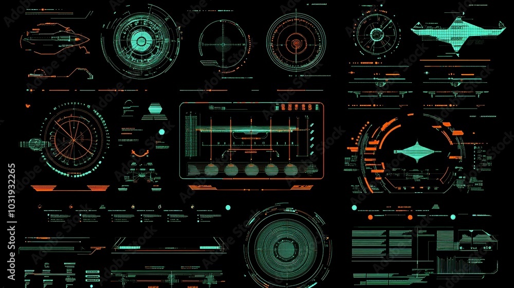 Futuristic hud design elements for space ship, drone, or radar interface. Can be used to display virtual reality view in technology monitoring applications. Vector illustration. Futuristic hud design elements for space ship, drone, or radar interface. Can be used to display virtual reality view in technology monitoring applications. Vector illustration.