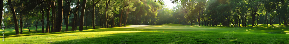 Green Golf Course with Sun Shining Through Trees. An expansive golf course under a clear blue sky with bright sunlight. Green Golf Course with Sun Shining Through Trees. An expansive golf course under a clear blue sky with bright sunlight.