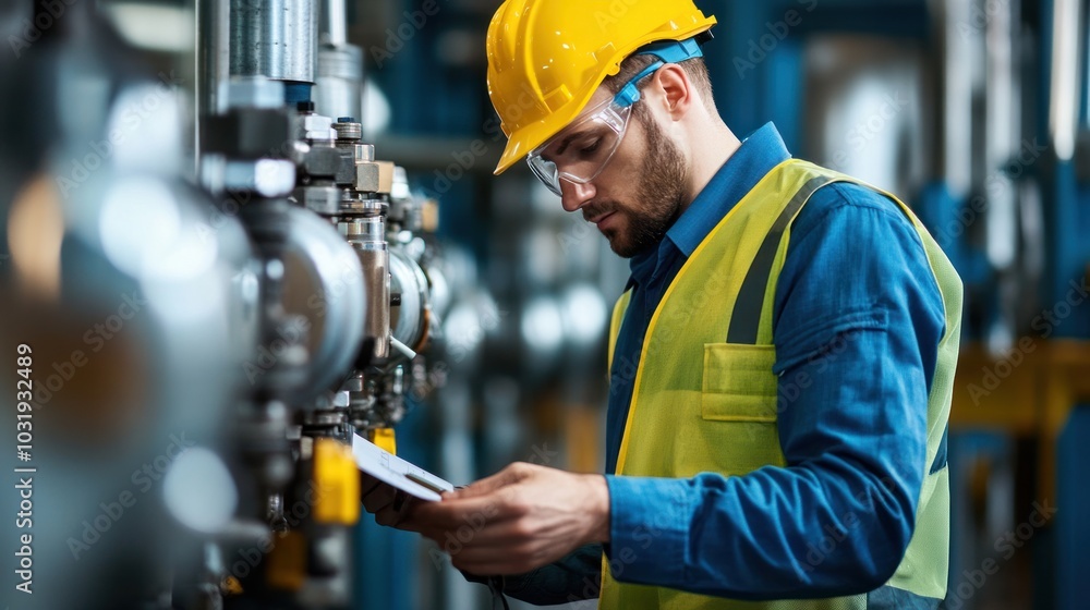 A hydraulic engineer performing a detailed safety check on industrial machinery, ensuring all systems are functioning properly and up to safety standards A hydraulic engineer performing a detailed safety check on industrial machinery, ensuring all systems are functioning properly and up to safety standards