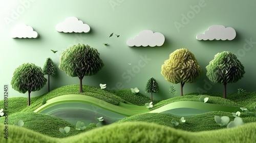 Creative ecofriendly scene in paper art style with trees hills and clouds The Earth Day concept highlights environmental protection and nature conservation in a minimalist green theme photo