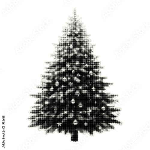 Christmas tree with ornaments. Trendy element with halfton effect for a greeting card, collage, cover design.