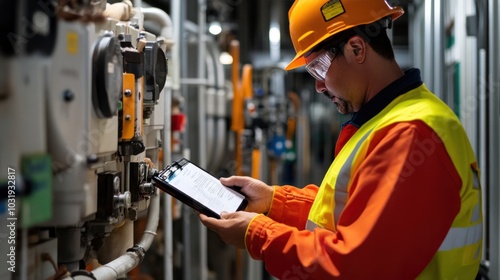 A hydraulic engineer working on-site, conducting a safety audit of newly installed equipment and ensuring compliance with safety standards