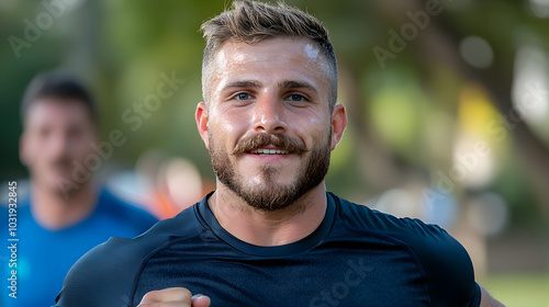 A man with a stylish mustache participating in a sports event to raise awareness for men s health and wellness  He is running or jogging with determination and focus