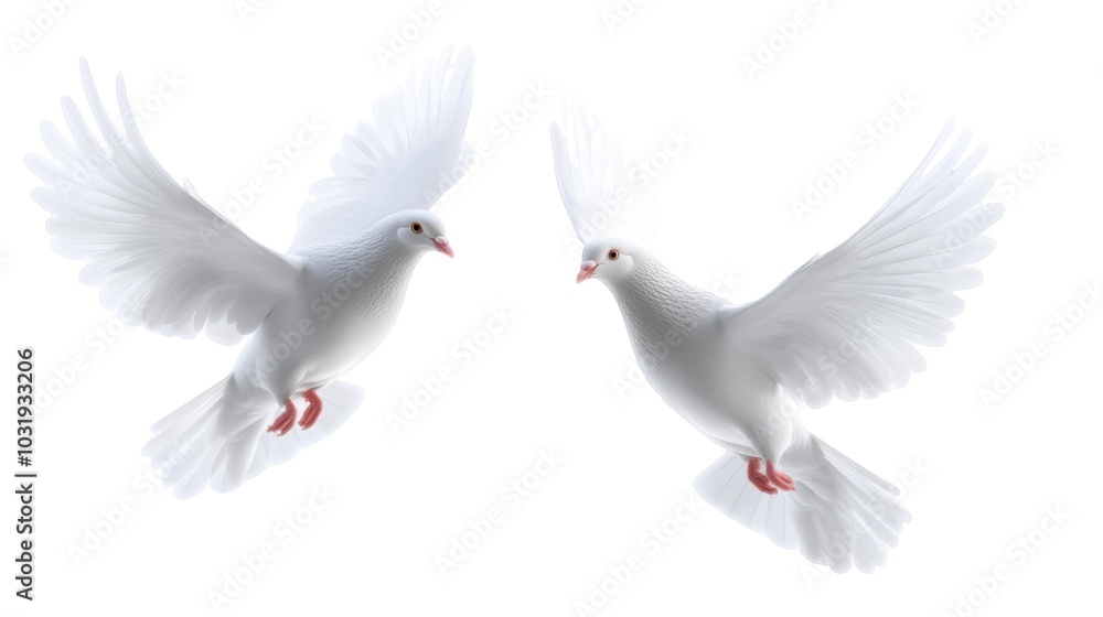 Fototapeta premium Two white doves in flight against a plain background, symbolizing peace and freedom