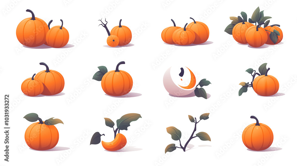 Halloween set of spooky orange pumpkins on transparent background Halloween set of spooky orange pumpkins on transparent background