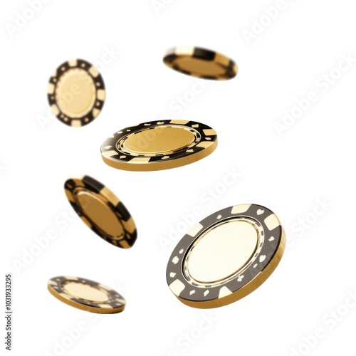 Floating black and gold poker chips in mid-air