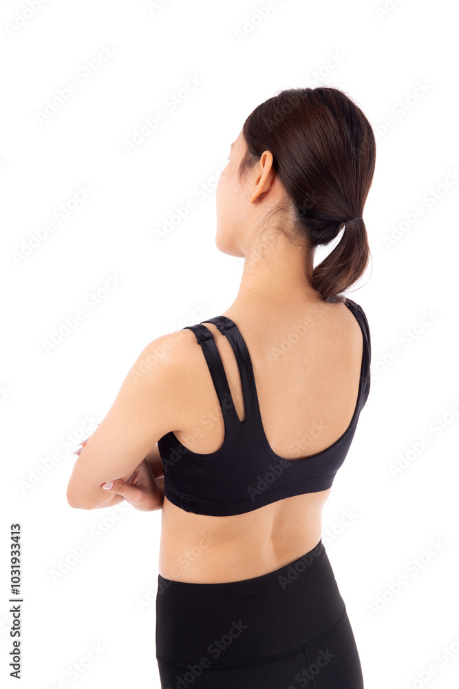 Portrait of beautiful young asian woman in sportswear and crossed arms isolated white background, sport and exercise for health and weightloss, female and slimming with wellness, back view. Portrait of beautiful young asian woman in sportswear and crossed arms isolated white background, sport and exercise for health and weightloss, female and slimming with wellness, back view.