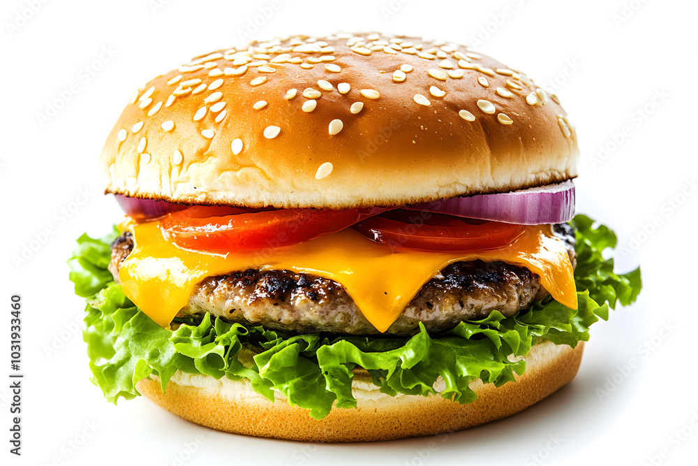  Juicy cheeseburger with melted cheddar isolated on white background
