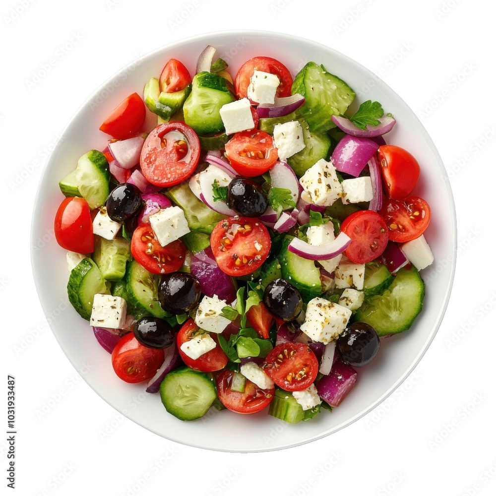 Fresh greek salad with feta cheese, olives, and vegetables in white bowl Fresh greek salad with feta cheese, olives, and vegetables in white bowl