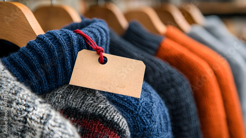 Close up detailed shot of a discount price tag or label attached to a clothing item or garment displayed in a retail store or shop  Concept of fashion shopping sale marketing and consumer spending