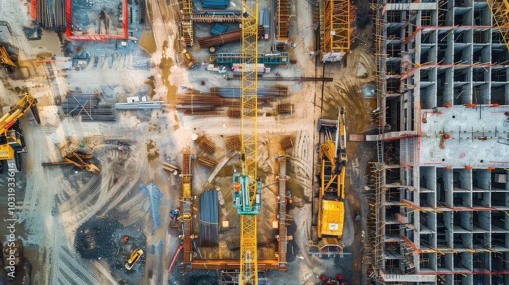 An aerial view of a construction site, featuring a yellow crane, multiple buildings under construction, and various construction equipment. An aerial view of a construction site, featuring a yellow crane, multiple buildings under construction, and various construction equipment.