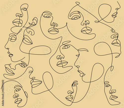 Continuous line face women seamless pattern - Vector Endless Background. Fashion. Female Portrait one line. Style.  Modern minimalism art, aesthetic contour.