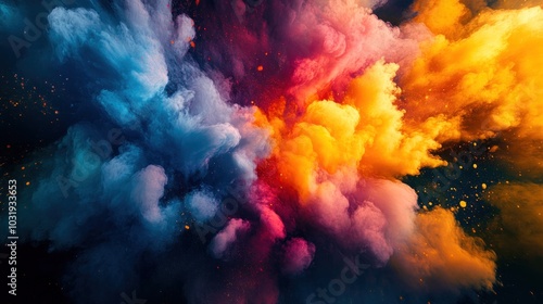 A vibrant abstract composition of colorful smoke or clouds, swirling and colliding against a dark background.