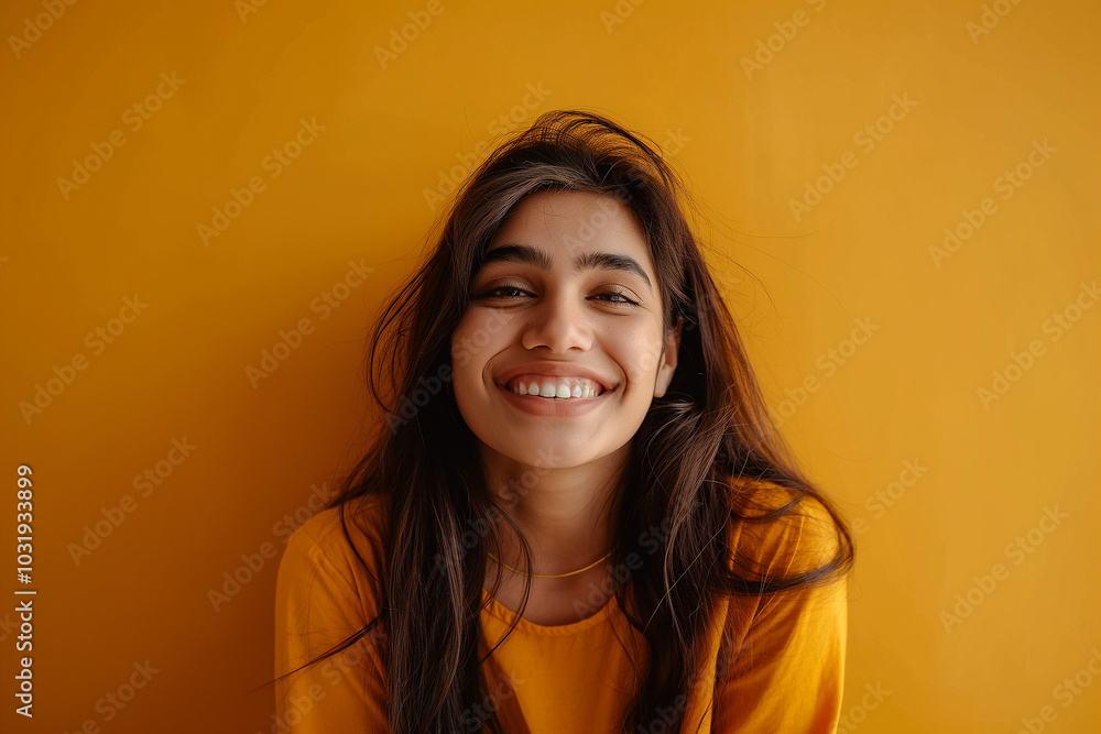 A woman with long hair is smiling and wearing a yellow shirt A woman with long hair is smiling and wearing a yellow shirt