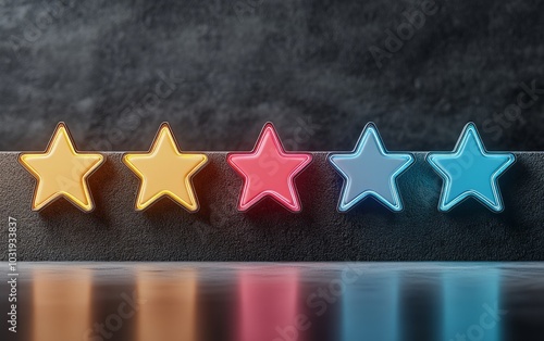 3D Illustration of Five Colorful Glowing Stars on Dark Background photo