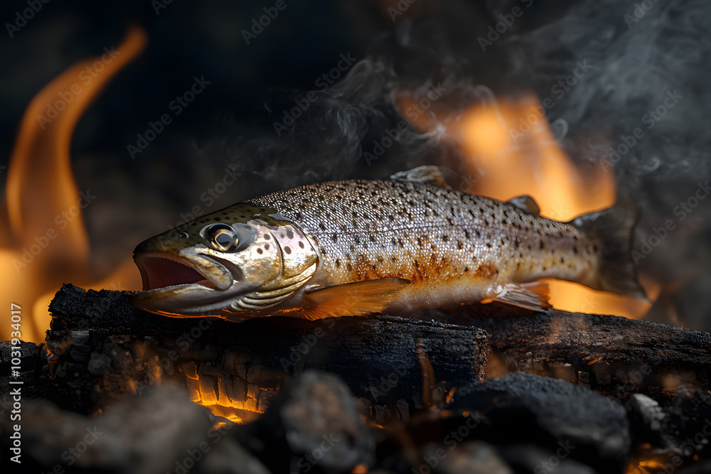 Baked fish on the grill with fire. Grilled fish commercial advertising photo Baked fish on the grill with fire. Grilled fish commercial advertising photo