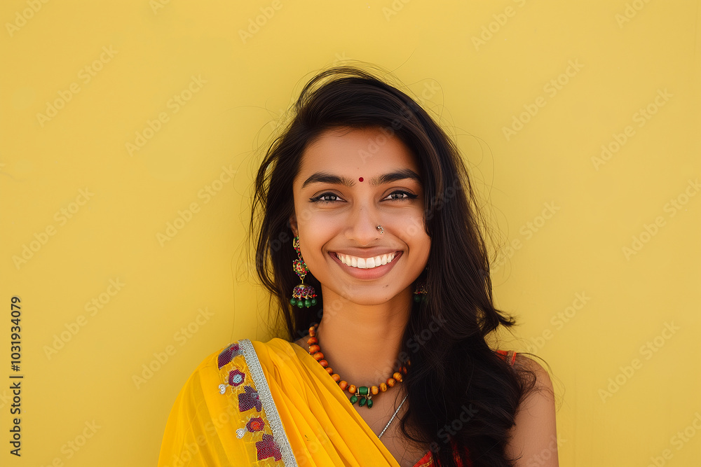 A woman wearing a yellow sari and a necklace is smiling A woman wearing a yellow sari and a necklace is smiling