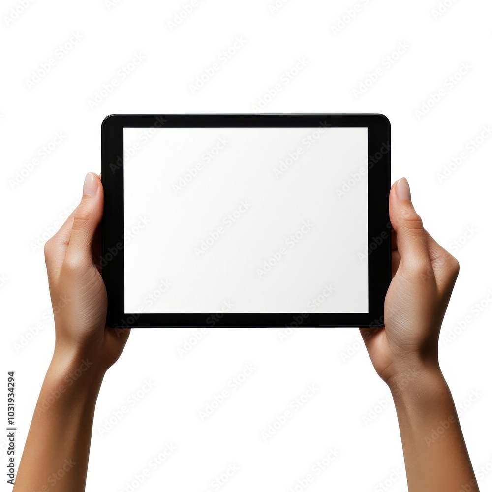 Hands holding a tablet with blank screen on isolated white background Hands holding a tablet with blank screen on isolated white background