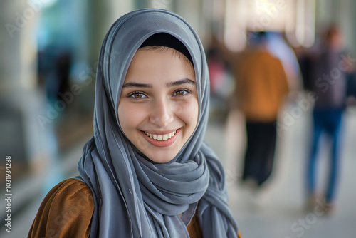 A woman wearing a grey scarf and smiling