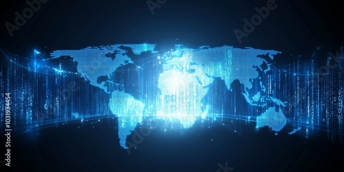 Digital world map with glowing blue neon outlines on a black background made of binary code and numbers, a concept for global network technology or connectivity. photo