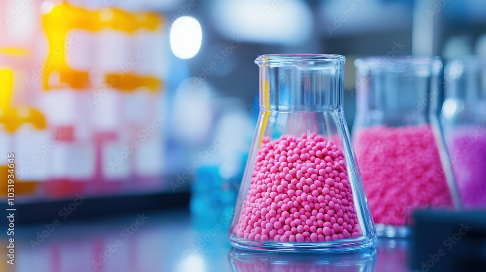 Pink Heat-Resistant PVC Granules in a Clear Glass Beaker, Close-Up View, Laboratory Setting Pink Heat-Resistant PVC Granules in a Clear Glass Beaker, Close-Up View, Laboratory Setting