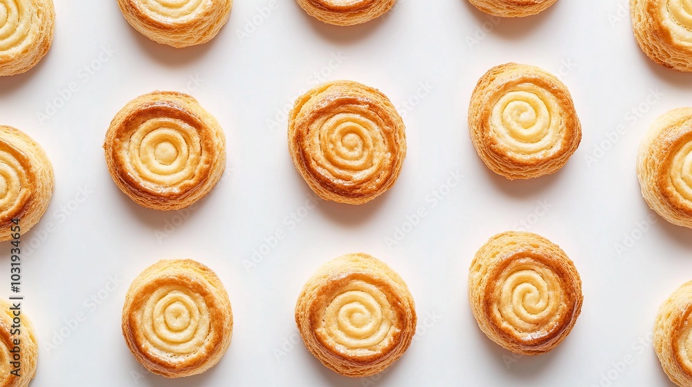 Golden-brown round butter biscuits arranged on a pristine white background, inviting indulgence with their flaky layers and irresistible aroma. Golden-brown round butter biscuits arranged on a pristine white background, inviting indulgence with their flaky layers and irresistible aroma.