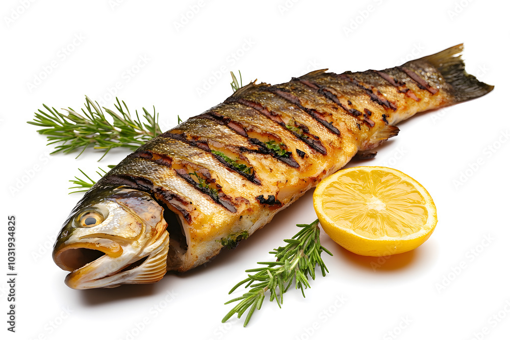 Grilled trout fish isolated on white background Grilled trout fish isolated on white background