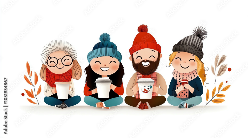 Joyful gathering of friends enjoying warm beverages in cozy winter attire celebrating togetherness and warmth Joyful gathering of friends enjoying warm beverages in cozy winter attire celebrating togetherness and warmth