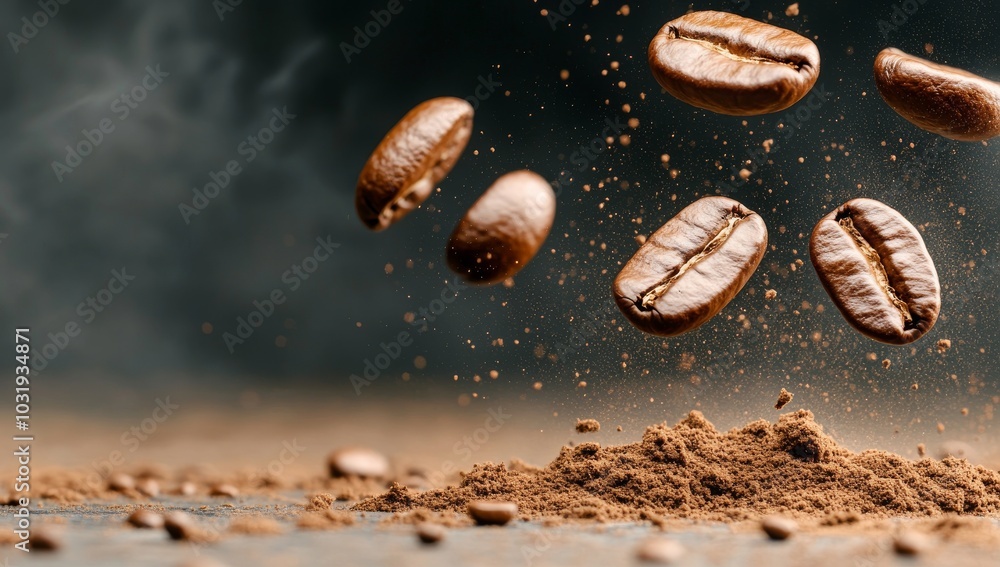 Close-Up of Coffee Beans Suspended in the Air with Particles and Dirt on Their Surface Close-Up of Coffee Beans Suspended in the Air with Particles and Dirt on Their Surface