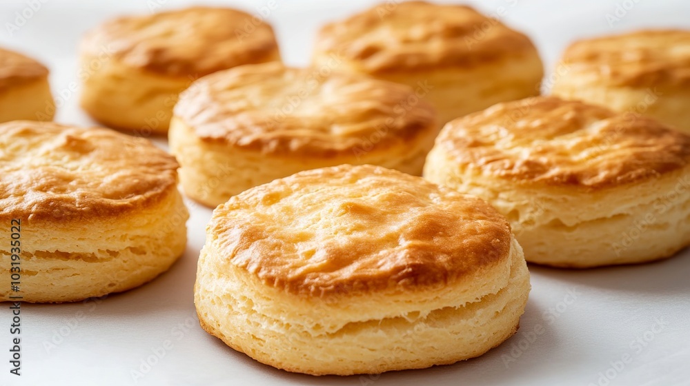 Golden-brown round butter biscuits arranged on a pristine white background, inviting indulgence with their flaky layers and irresistible aroma. Golden-brown round butter biscuits arranged on a pristine white background, inviting indulgence with their flaky layers and irresistible aroma.