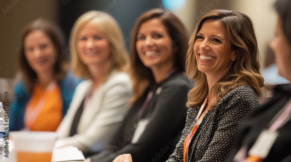 A professional network of women executives attending a leadership conference, collaborating on strategies for career advancement and industry influence A professional network of women executives attending a leadership conference, collaborating on strategies for career advancement and industry influence