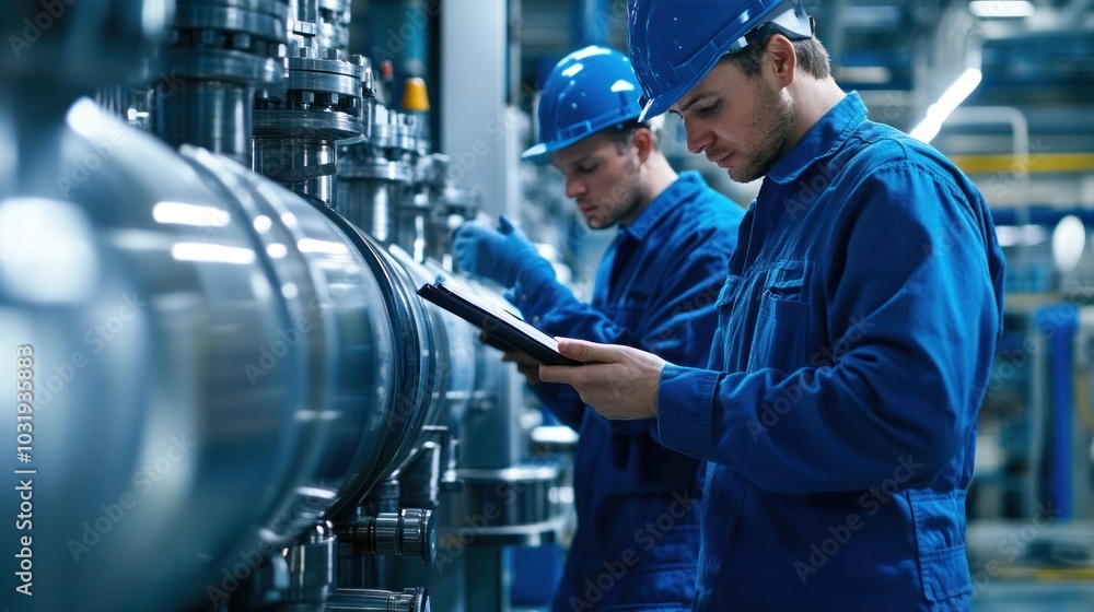 A team of engineers performing machinery commissioning inspections in a modern industrial facility, ensuring proper setup before operation A team of engineers performing machinery commissioning inspections in a modern industrial facility, ensuring proper setup before operation