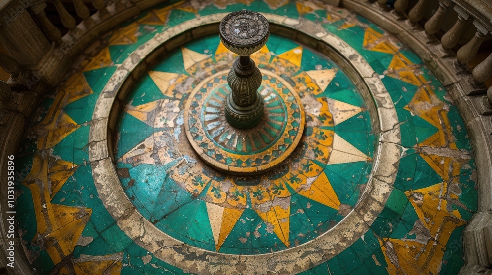 Obraz premium An intricately designed colorful mosaic fountain with star patterns on a round tiled platform in a historic architectural setting captured from above